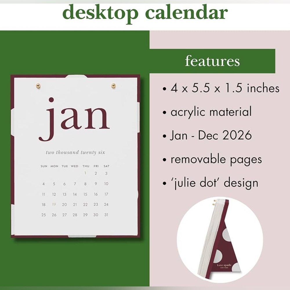 ♠️ Kate Spade 2026 Desktop Calendar - Burgundy and White